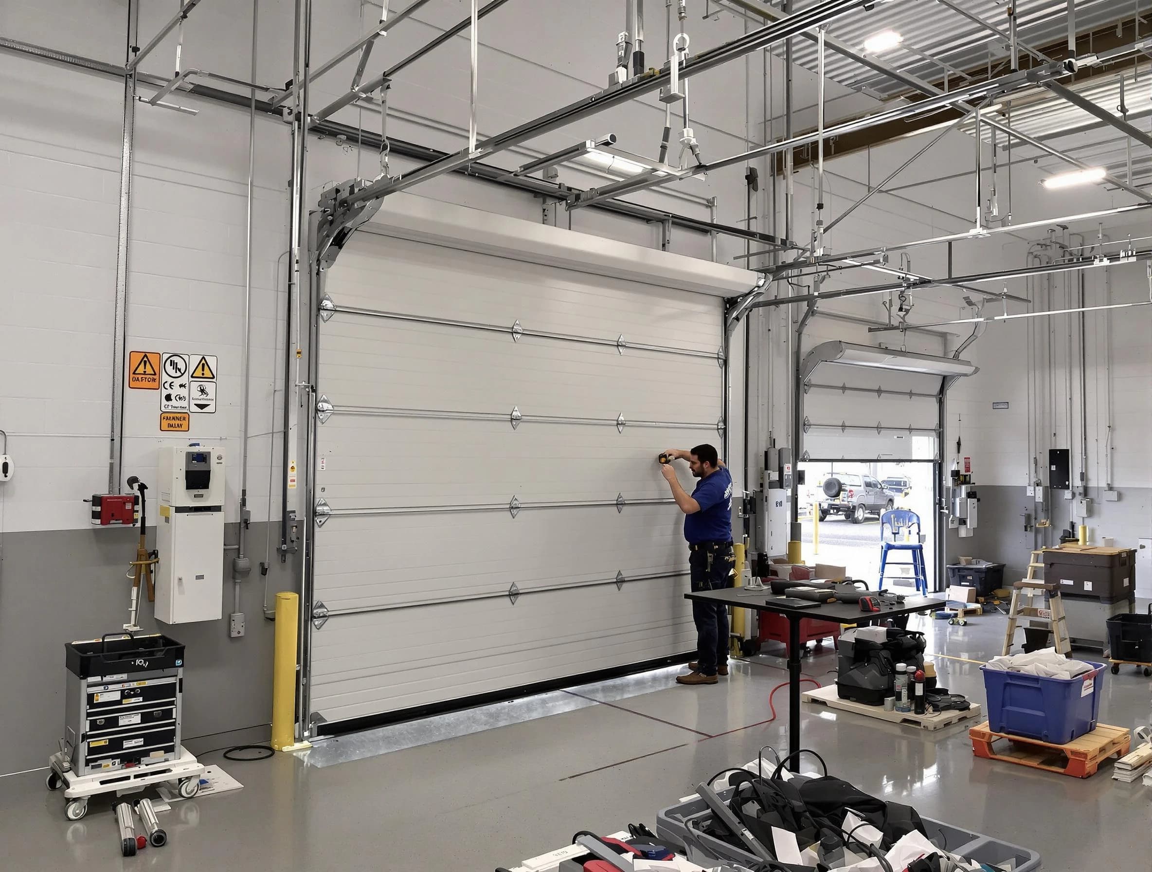 Commercial garage door repair being performed by Welby Garage Door Repair expert in Welby
