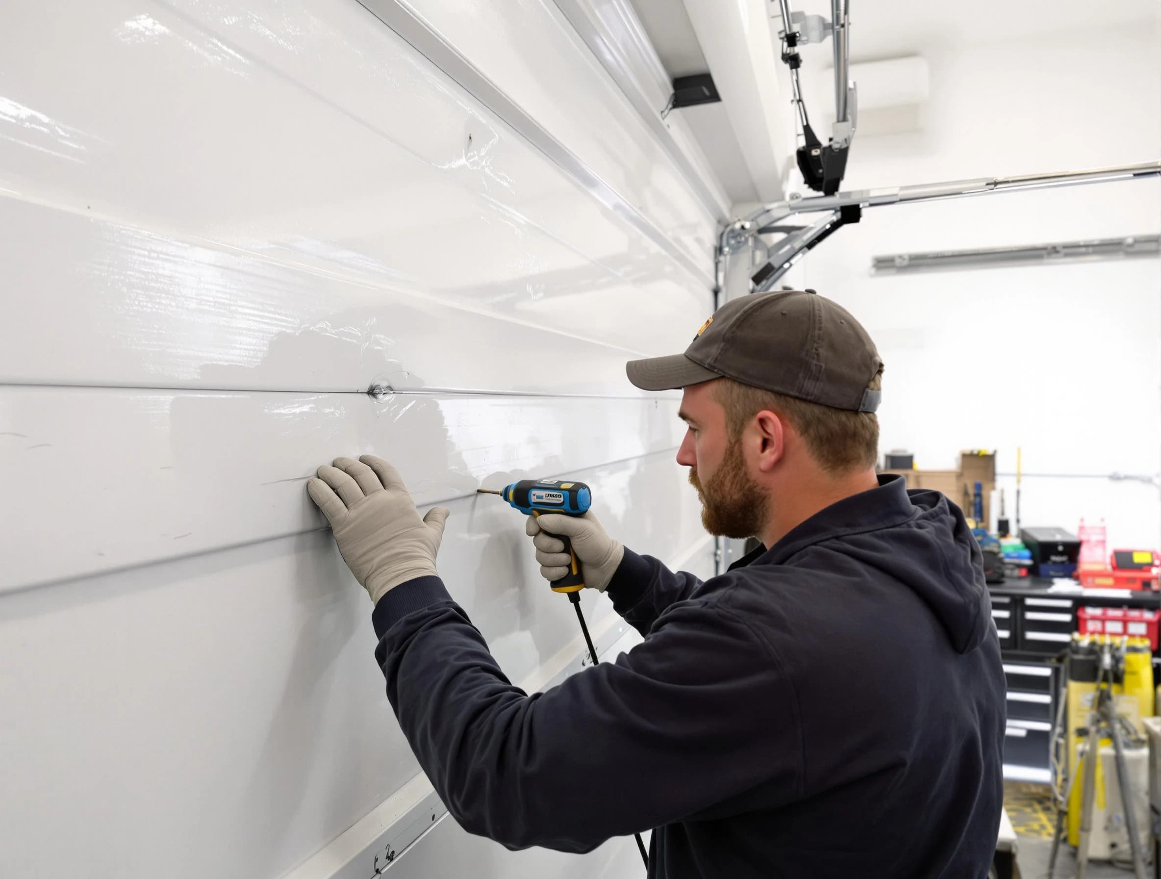 Welby Garage Door Repair technician demonstrating precision dent removal techniques on a Welby garage door